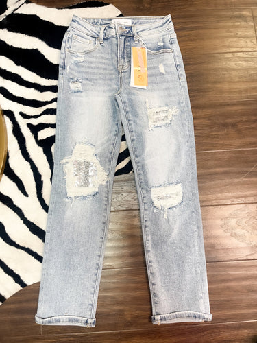 Sequin Distressed Risen Jeans