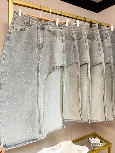 Asymmetrical Midi Rhinestone Jean Skirt