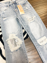 Load image into Gallery viewer, Sequin Distressed Risen Jeans