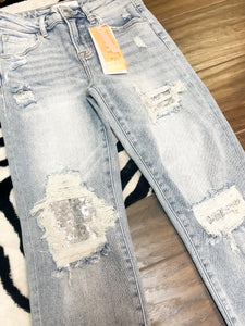 Sequin Distressed Risen Jeans