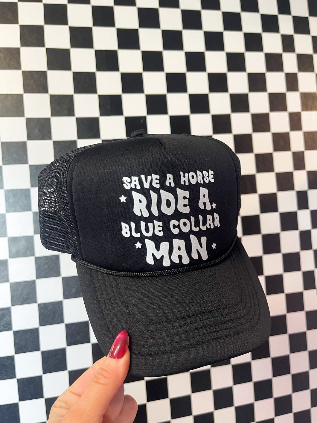Save A Horse Blue Collar Trucker Hat - Black